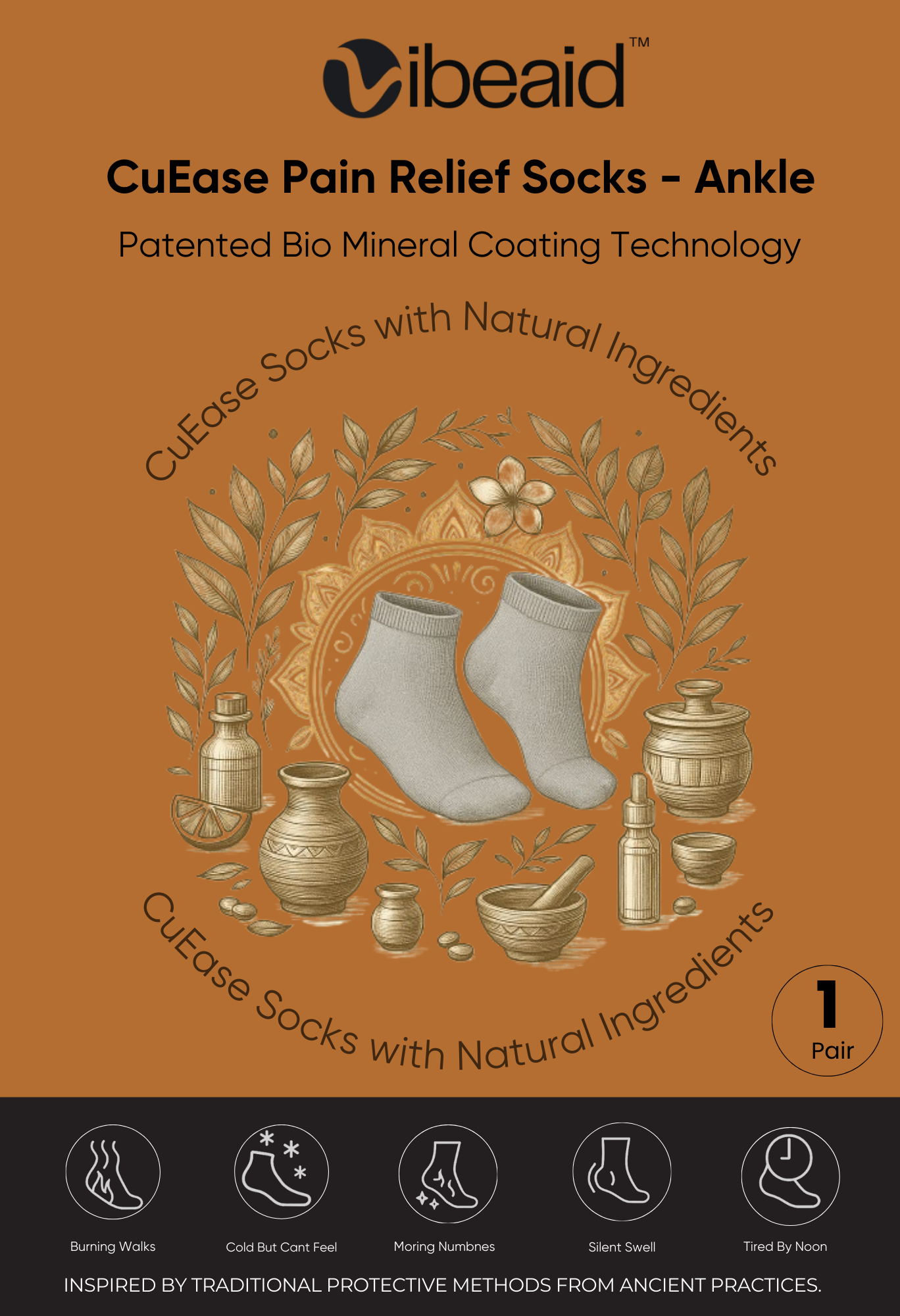 CuEase Copper Coated Natural Pain Comfort Socks - No Show |Angle |Regular