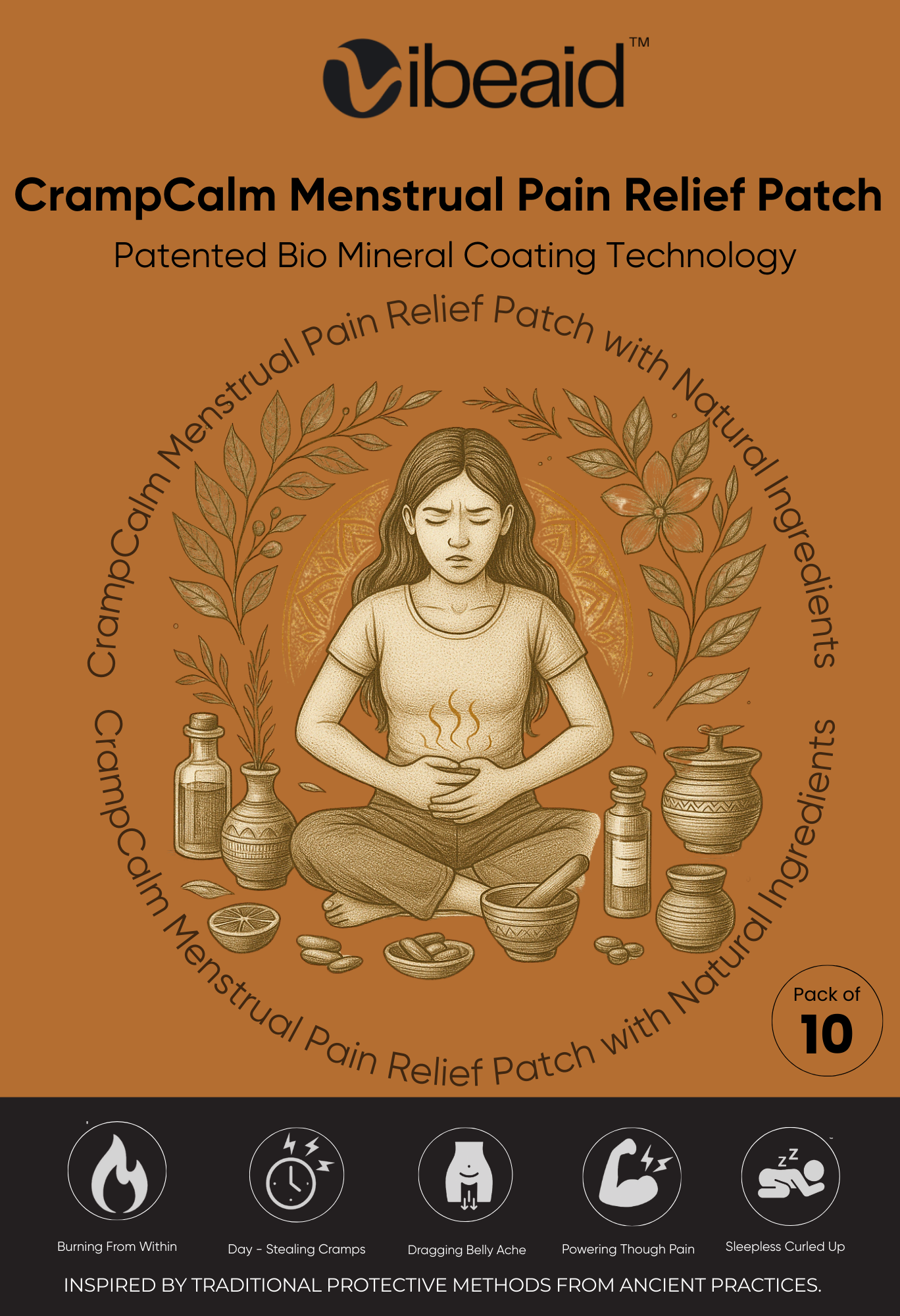 Pack of 10 CrampCalm Copper Coated Natural Menstrual Pain Comfort Patches